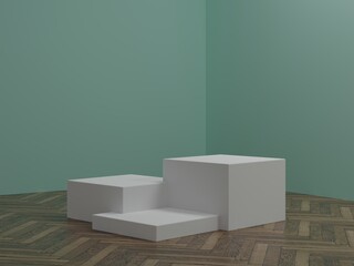 Three square white podium in a green wall wooden floor room.