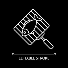 Fish on grill grate white linear icon for dark theme. Barbecue seafood. Roasting tuna. Thin line customizable illustration. Isolated vector contour symbol for night mode. Editable stroke