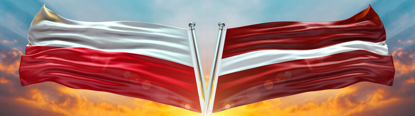 Poland Flag and Latvia Flag waving with texture Blue sky could and sunset Double flag