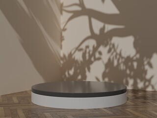 Dark gray and white cylinder podium in light brown wall wooden floor room with shadow from a tree.