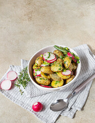 Tasty hot potato salad with green beans, fresh radishes and herbs dressing with olive oil and mustard sauce, light concrete background. Top view.