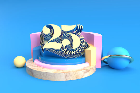 25th Years Anniversary Celebration Text Display Products Advertising 3D Render Illustration Design.