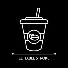 Ice latte white linear icon for dark theme. Coffee drink in takeout cup. Americano to go with straw. Thin line customizable illustration. Isolated vector contour symbol for night mode. Editable stroke