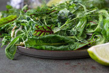 Plate with green mix salad leaves and microgreens, lime, avocado and olive oil on green concrete background. Vegan or vegetarian healthy food concept. Close up.