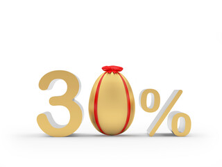 Thirty percent discount with a golden Easter egg decorated with a red ribbon. 3d illustration 