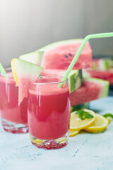 Super delicious and sweet watermelon juice on the glass. Fresh summer fruits background. Sweet watermelon slices. Watermelon fruit