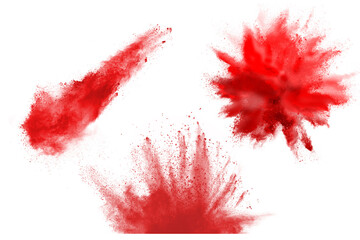 Red powder explosion on white background. Colored cloud. Colorful dust explode. Paint Holi.