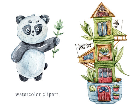 Watercolor cute cartoon panda and her bamboo house. Baby colorful nursery clip art on white background. Animal in tree hole living in the forest. For poster, sublimation, print.