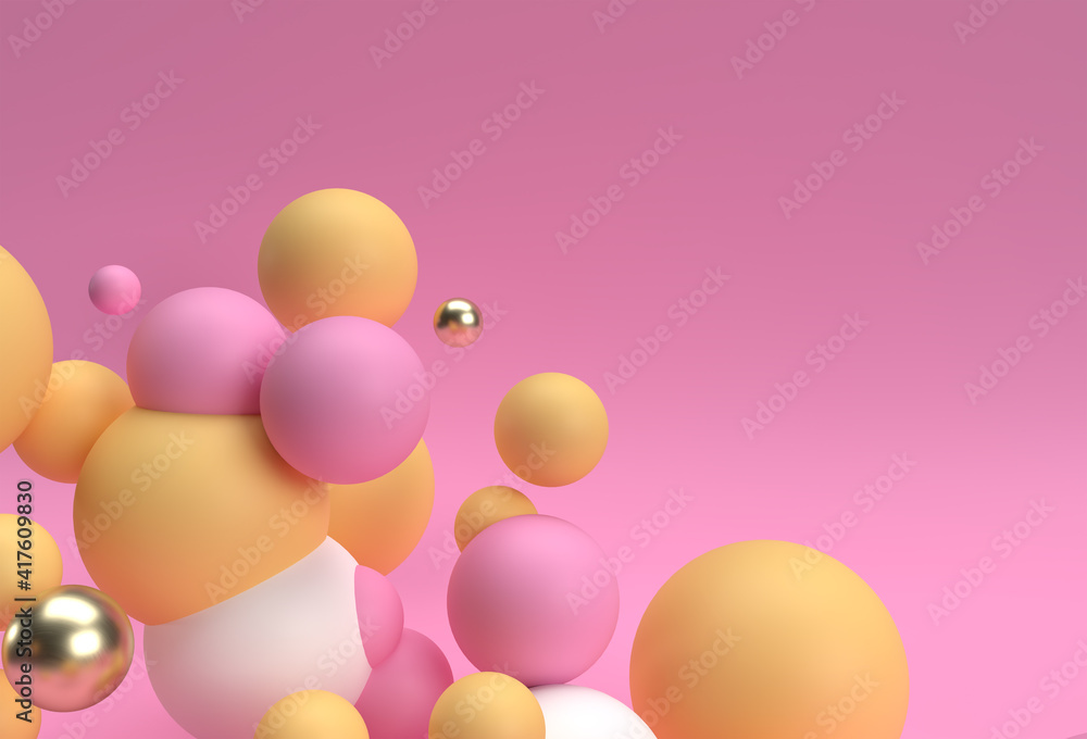 Poster 3d render abstract composition spheres cluster background with geometric elements design.
