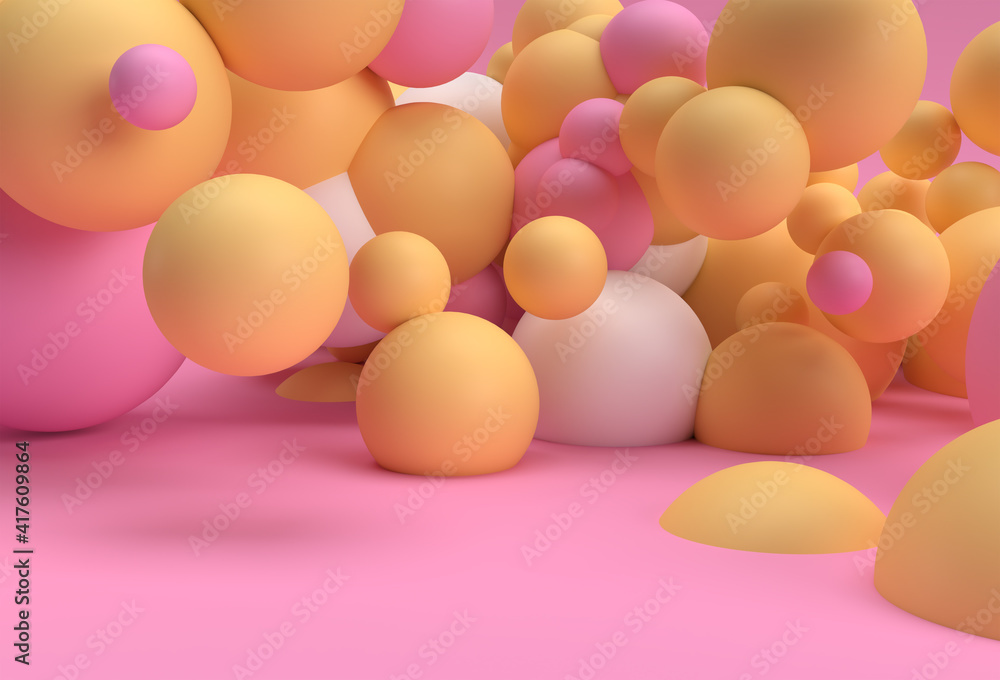 Poster 3d render abstract composition spheres cluster background with geometric elements design.