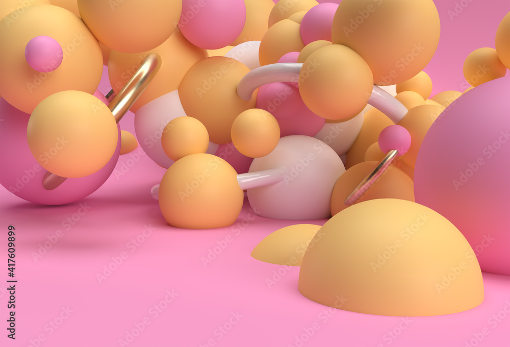 Poster 3d render abstract composition spheres cluster background with geometric elements design.