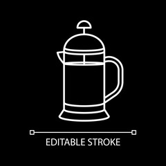 French press white linear icon for dark theme. Tea brew. Alternative method of coffee preparation. Thin line customizable illustration. Isolated vector contour symbol for night mode. Editable stroke