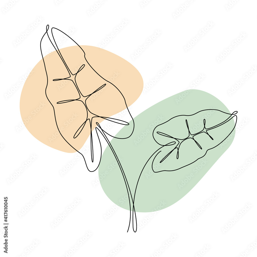 Poster Botanical wall art vector with Palm leaves. Continuous one line drawing with abstract pastel shape. Minimalistic and natural wall art. Vector illustration.