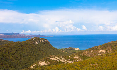 Panorama view of the rocky coastline of corsican Cap Corse near Erbalunga. Mediterranean landscape...