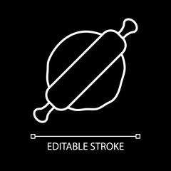 Flatten dough with rolling pin white linear icon for dark theme. Baking process. Pastry preparation. Thin line customizable illustration. Isolated vector contour symbol for night mode. Editable stroke