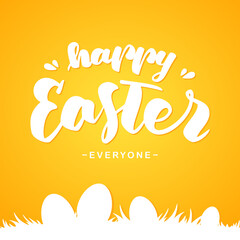 Fototapeta premium Greeting card with handwritten lettering of Happy Easter and silhouette of eggs on grass on yellow background.