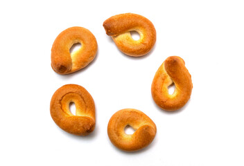 Homemade bagels on white isolated background. Traditional dish goes well with tea or coffee