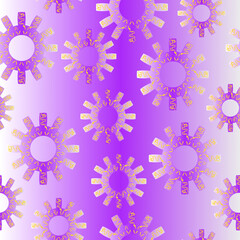 Seamless pattern of abstract elements with small patterns on a purple background for textiles.
