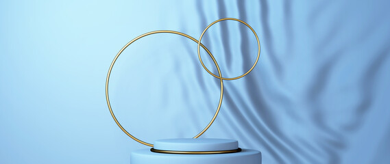 3d render of blue and gold podium. Background with geometric composition, semicircular stand. Modern design.