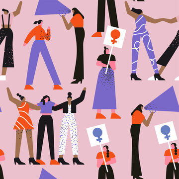 Diverse women's day parade seamless pattern