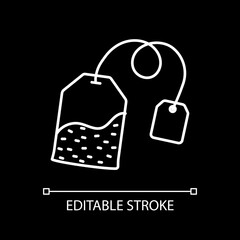 Tea bag white linear icon for dark theme. Tag on string. Herbal drink preparation. Thin line customizable illustration. Isolated vector contour symbol for night mode. Editable stroke