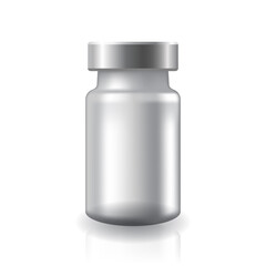 Blank transparent glass medical vaccine vial with silver metal cap mockup template.