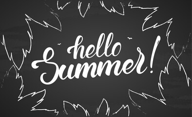 Fototapeta na wymiar Vector Brush lettering of Hello Summer with birds and palm leaves on blackboard background