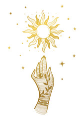 Female hand and golden sun with stars, vintage boho design for palmistry and astrology. Vector line illustration, oriental art, aesthetic card.