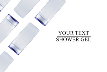 Banner with transparent bottle pattern on white background. Bottle with soap, shampoo, antibacterial sanitizer mock up, shower gel. Flat lay copy space