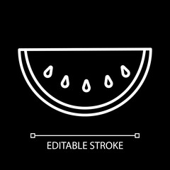 Watermelon slice white linear icon for dark theme. Fresh fruit. Summer refreshment. Thin line customizable illustration. Isolated vector contour symbol for night mode. Editable stroke