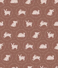 Easter Chocolate Bunny vector seamless pattern. Illustration of spring rabbit in floral wreath for textile or wrapping surface. Happy Easter ornament for Christian spring holidays.