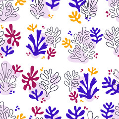 Fototapeta na wymiar Vector contemporary seamless pattern with aesthetic hand drawn abstract leaves and fluid shape forms. Creative Matisse inspired floral pattern. Childish scandinavian background, wallpaper, apparel