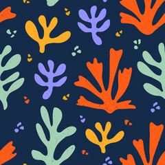 Fototapeta na wymiar Vector contemporary seamless pattern with aesthetic hand drawn abstract leaves and fluid shape forms. Creative Matisse inspired floral pattern. Childish scandinavian background, wallpaper, apparel