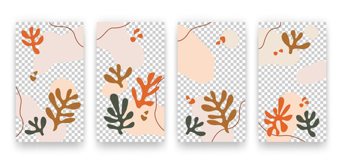Fototapeta na wymiar Vector set of social media stories templates with trendy contemporary aesthetic hand drawn abstract leaves and fluid shape forms. Backgrounds with creative Matisse inspired floral illustrations