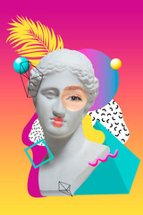 Contemporary art collage with antique statue head in a surreal style.