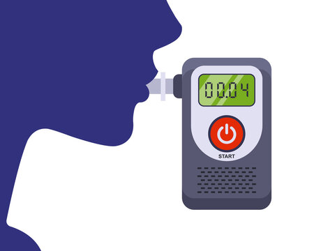 the driver exhales into the breathalyzer. testing a person for alcohol intoxication. flat vector illustration.