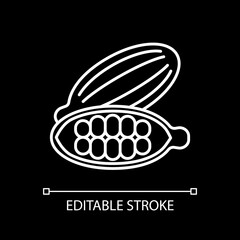 Cocoa beans white linear icon for dark theme. Chocolate production. Cosmetic ingredient. Thin line customizable illustration. Isolated vector contour symbol for night mode. Editable stroke