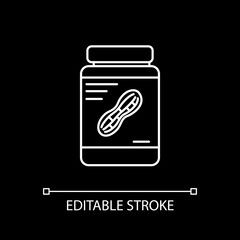 Peanut butter white linear icon for dark theme. Nut paste in glass jar. Spread for toast. Thin line customizable illustration. Isolated vector contour symbol for night mode. Editable stroke