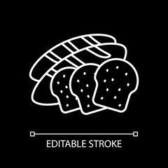 Bakery products white linear icon for dark theme. Bread loafs. Fresh toasts. French baguette. Thin line customizable illustration. Isolated vector contour symbol for night mode. Editable stroke