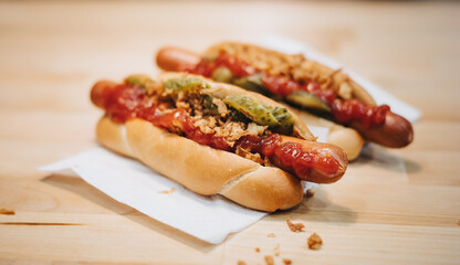sandwich on a wooden table and boiled sausages pan cooking hot dog