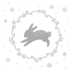 Easter Bunny in floral wreath neutral grey vector illustration. Illustration of spring rabbit in flower frame motif. Happy Easter art for Christian spring holidays.