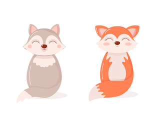 Cute fox and wolf flat vector illustration