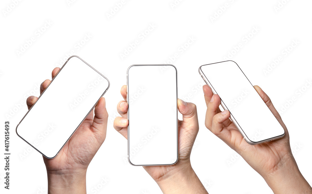 Poster isolated of various angels views of hand holding smartphone with blank screen frame on white backgro