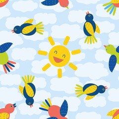 Fototapeta premium Cute cartoon bird and laughing sun seamless vector pattern background. Fun multicolor flying birds against a cloud textured blue backdrop. Character feathered friends fun repeat for summer travel