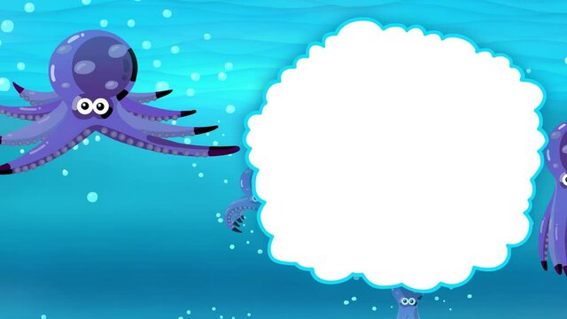 Swimming octopuses with bubble title speech cartoon. Children animation. Good for titles, background, etc... Seamless loop.
