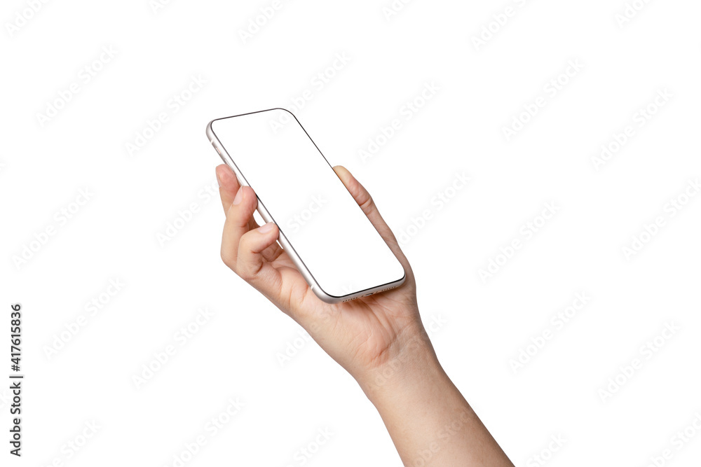 Poster isolated of hand holding smartphone with blank screen frame on white background for mockup template.
