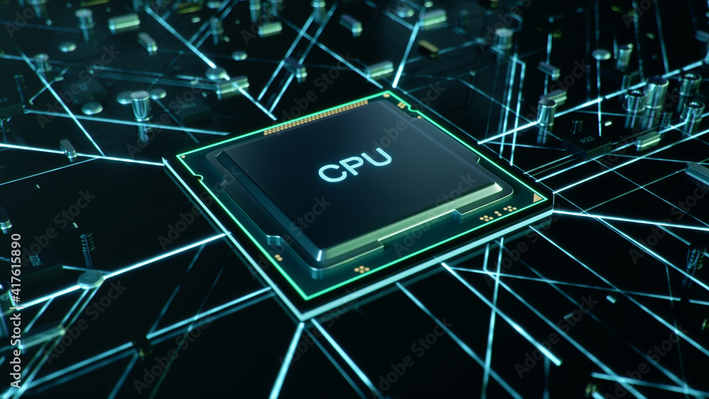 Poster technological background with cpu and circuit board. flying cpu and installation in center circuit b