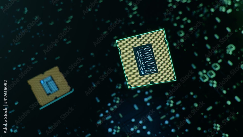 Poster technological background with cpu and circuit board. flying cpu and installation in center circuit b