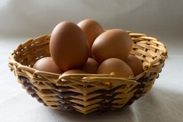 A group of eggs in a wicker basket