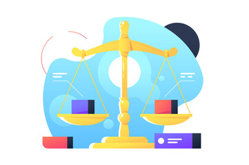 Red and blue cubic object on libra or scales.